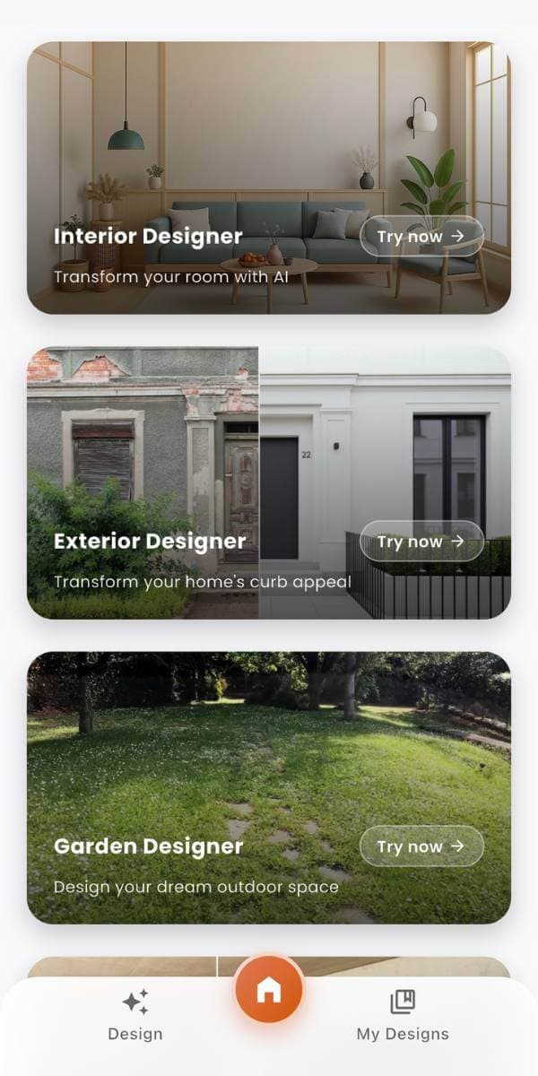 DecorAI AI Interior Design App preview on iPhone showing a room makeover