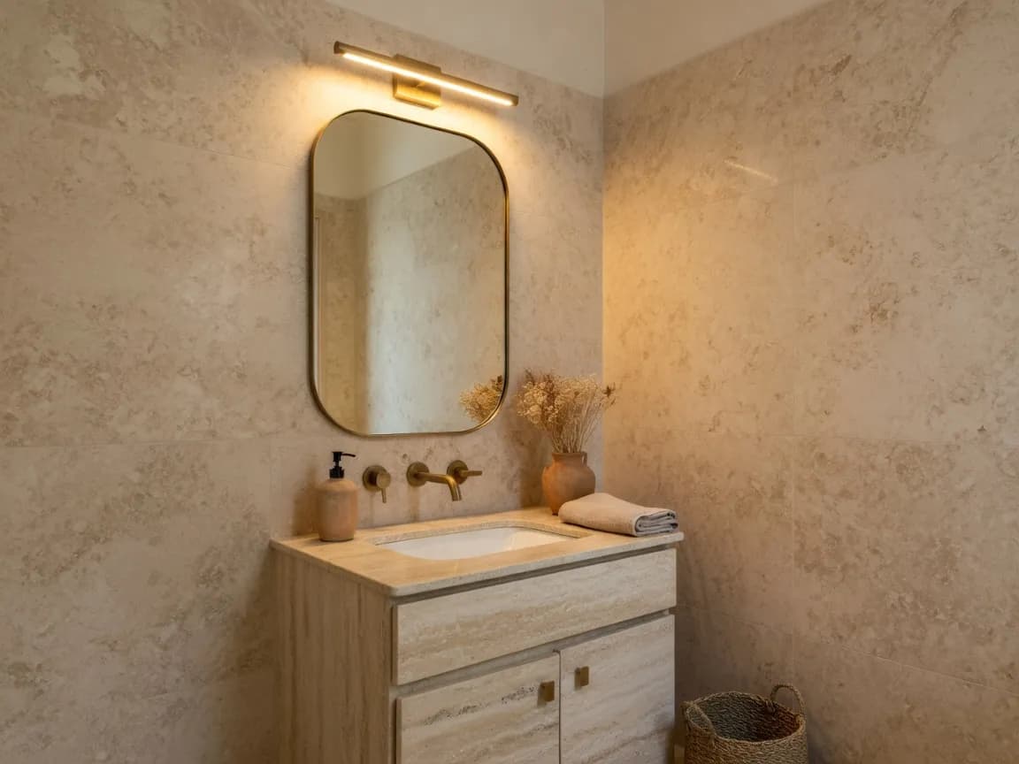 AI Bathroom Design after — Limestone, a floating vanity and integrated mirror lighting bring a calm, spa-like feel to a compact bathroom.
