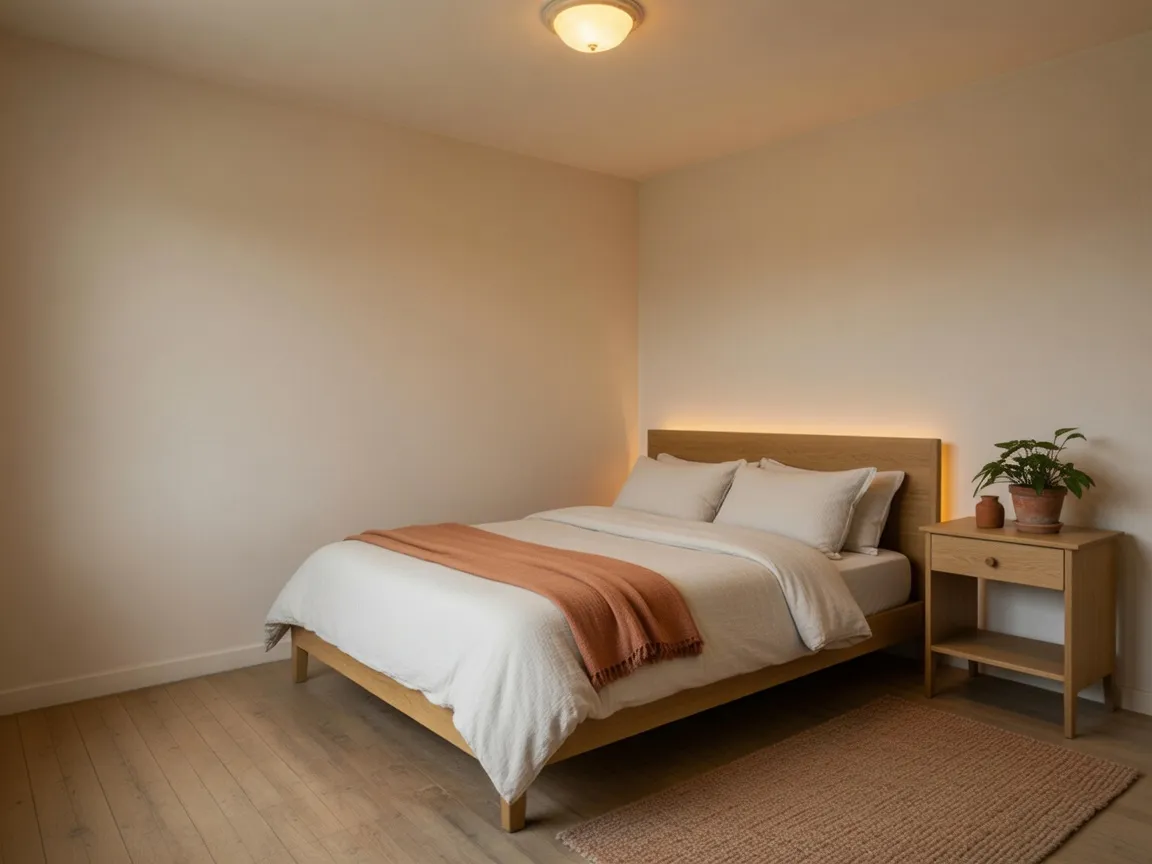 AI Bedroom Design after — Plaster walls, a low timber bed and sculptural bedside lighting turn a plain bedroom into a restful retreat.