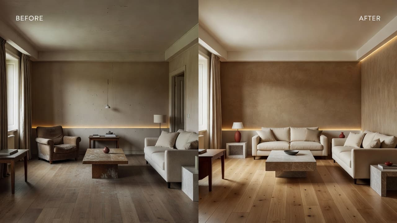 Before and after AI room makeover created with DecorAI, from a dated living room to a warm architectural interior