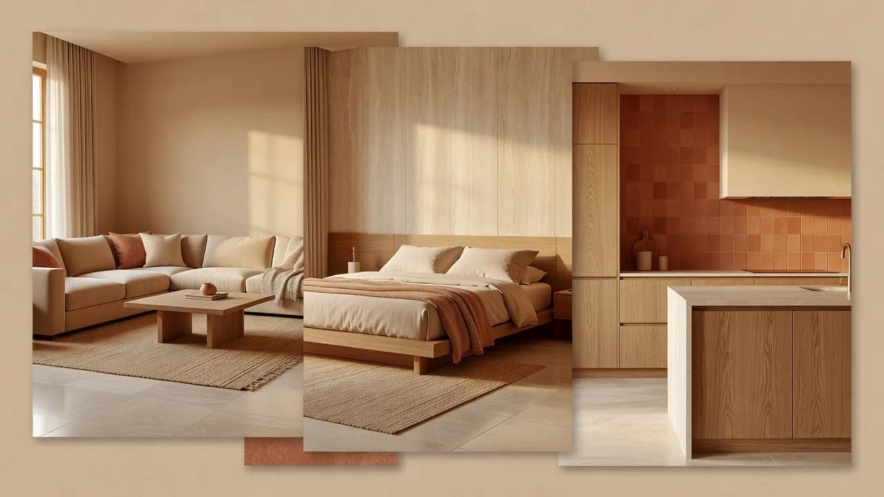DecorAI room makeover collage showing living room, bedroom and kitchen concepts
