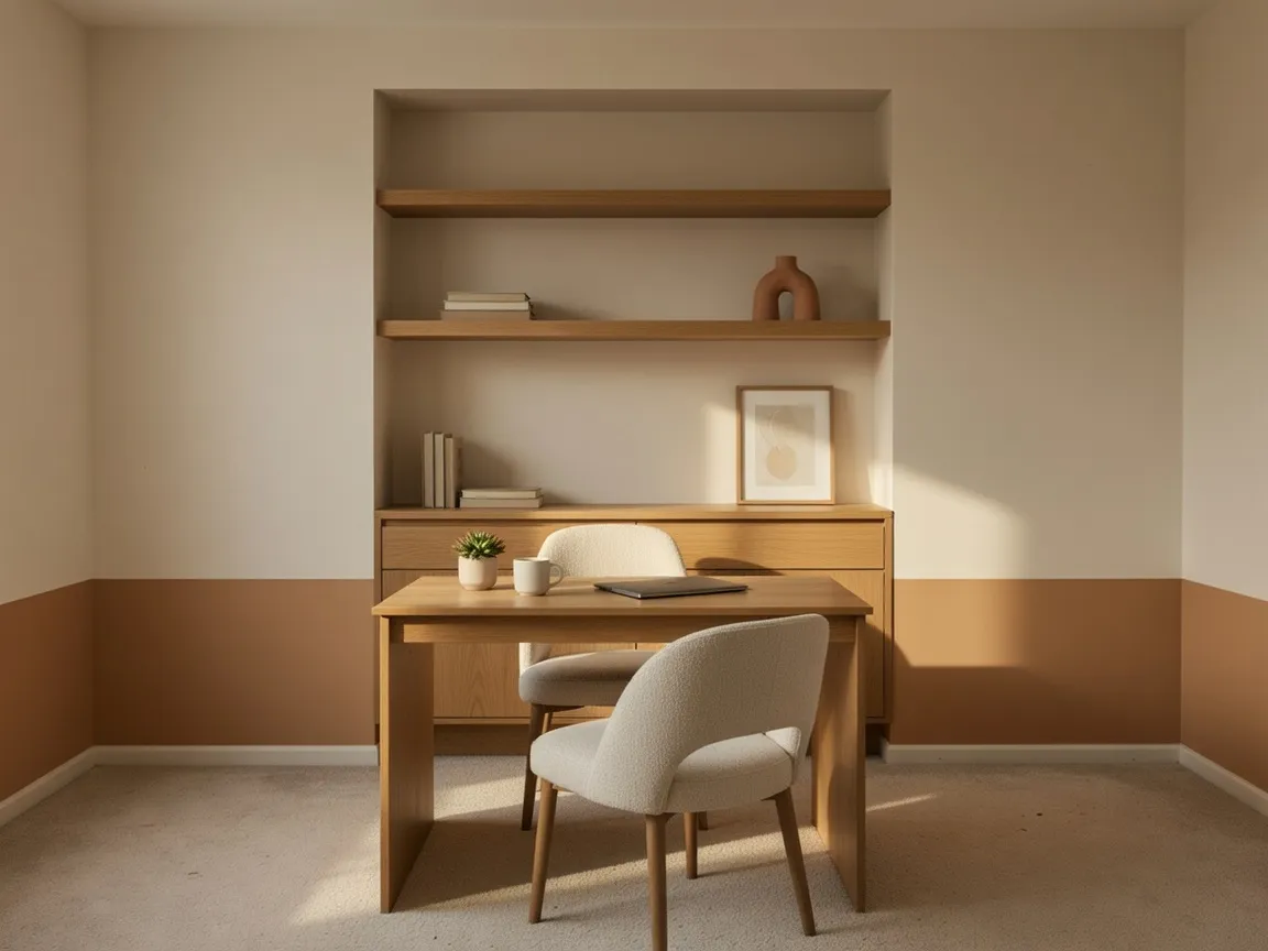 AI Home Office Design after — Built-in shelving, a natural wood desk and structured lighting turn a spare corner into a focused home office.