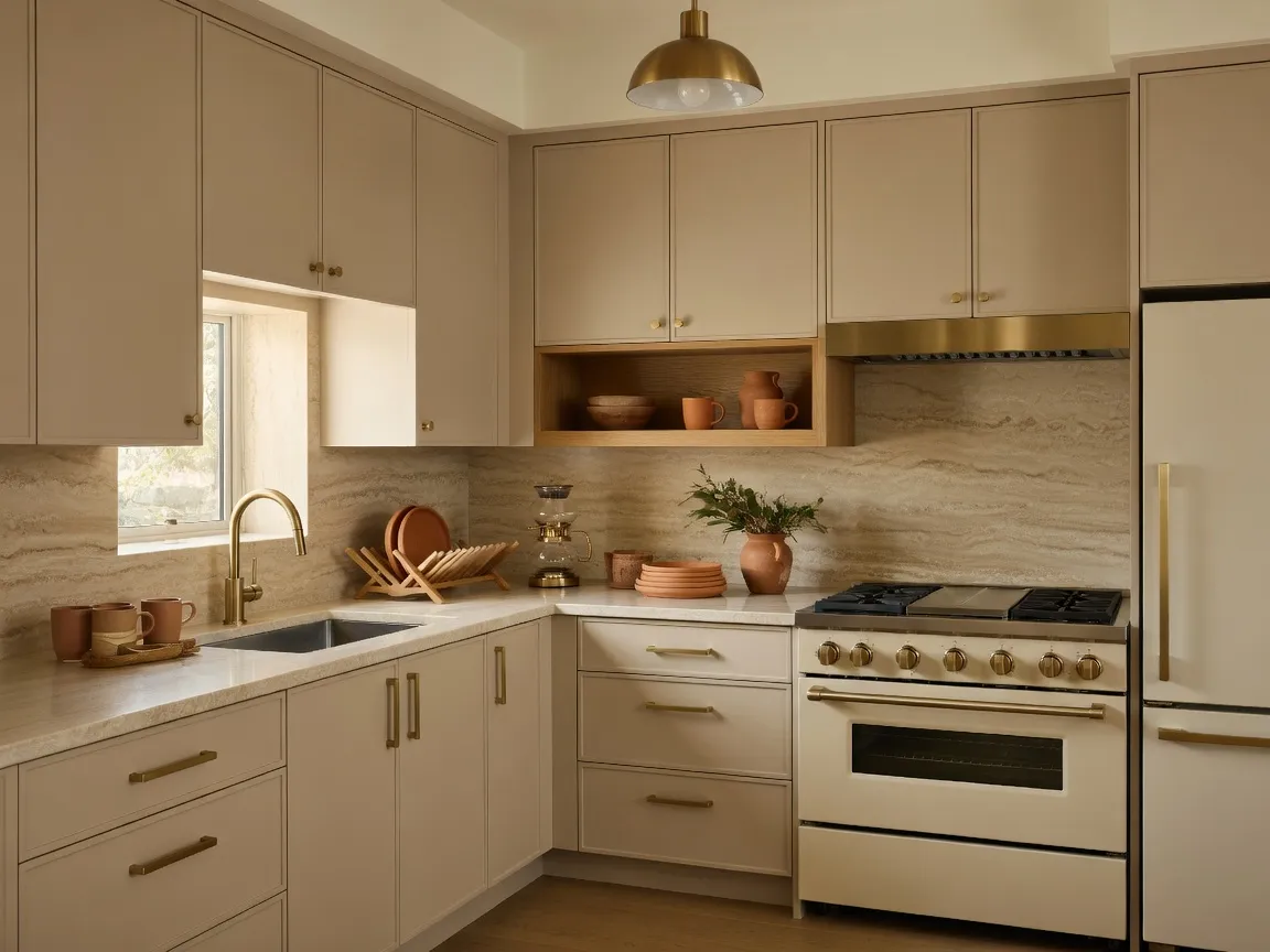 AI Kitchen Design after — An oak-and-stone island with integrated lighting reimagines a dated kitchen as a warm, gathered space.