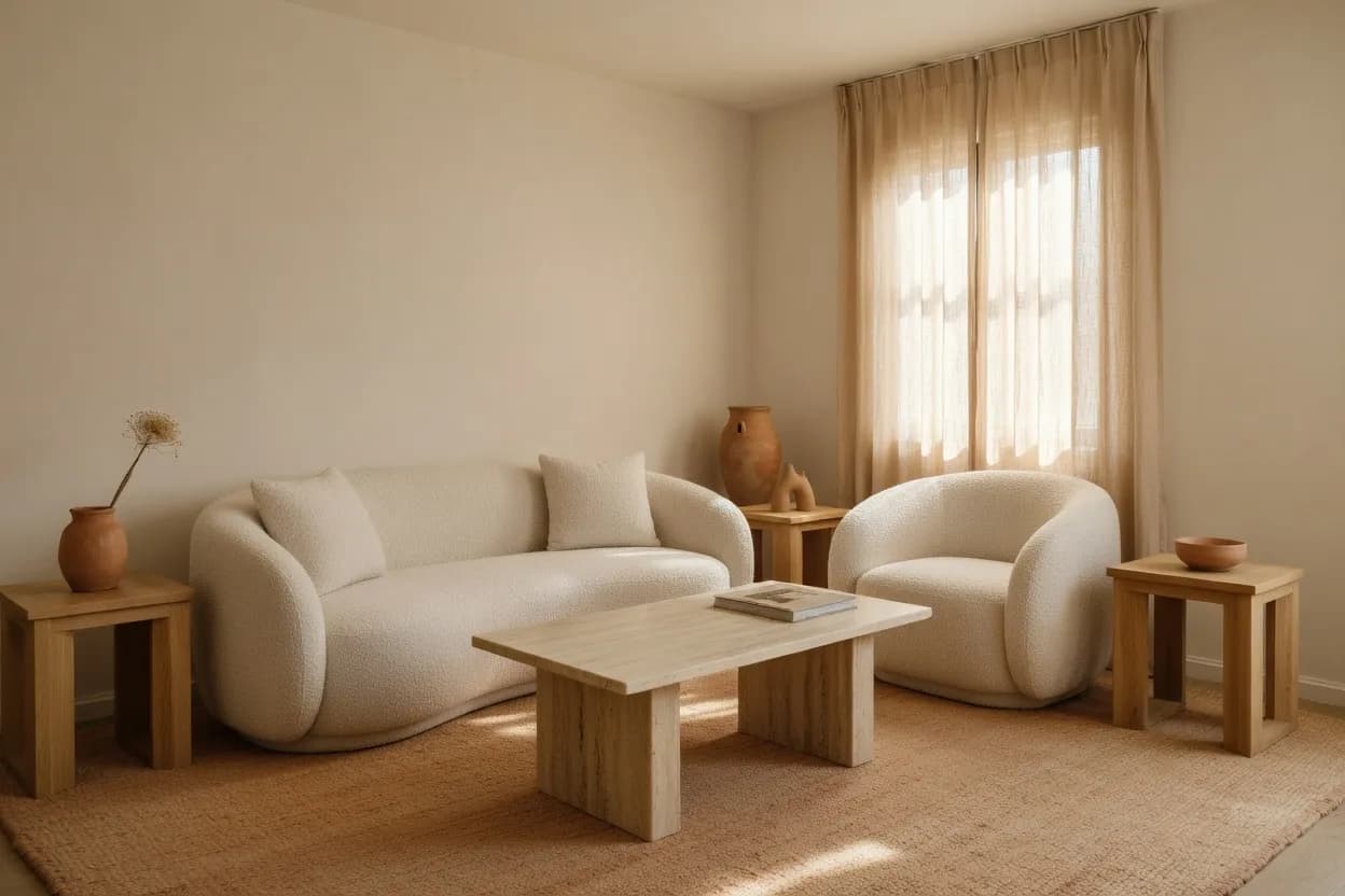 AI Living Room Design after — A tired living room reworked around a low linen sofa, a stone coffee table and soft indirect light along the wall.